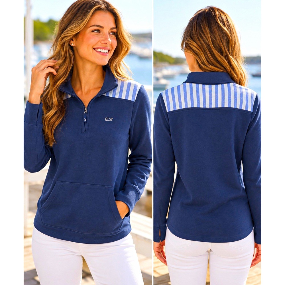 Vineyard Vines Women S Blue White Striped 1/4 Zip Pullover Sweatshirt Logo